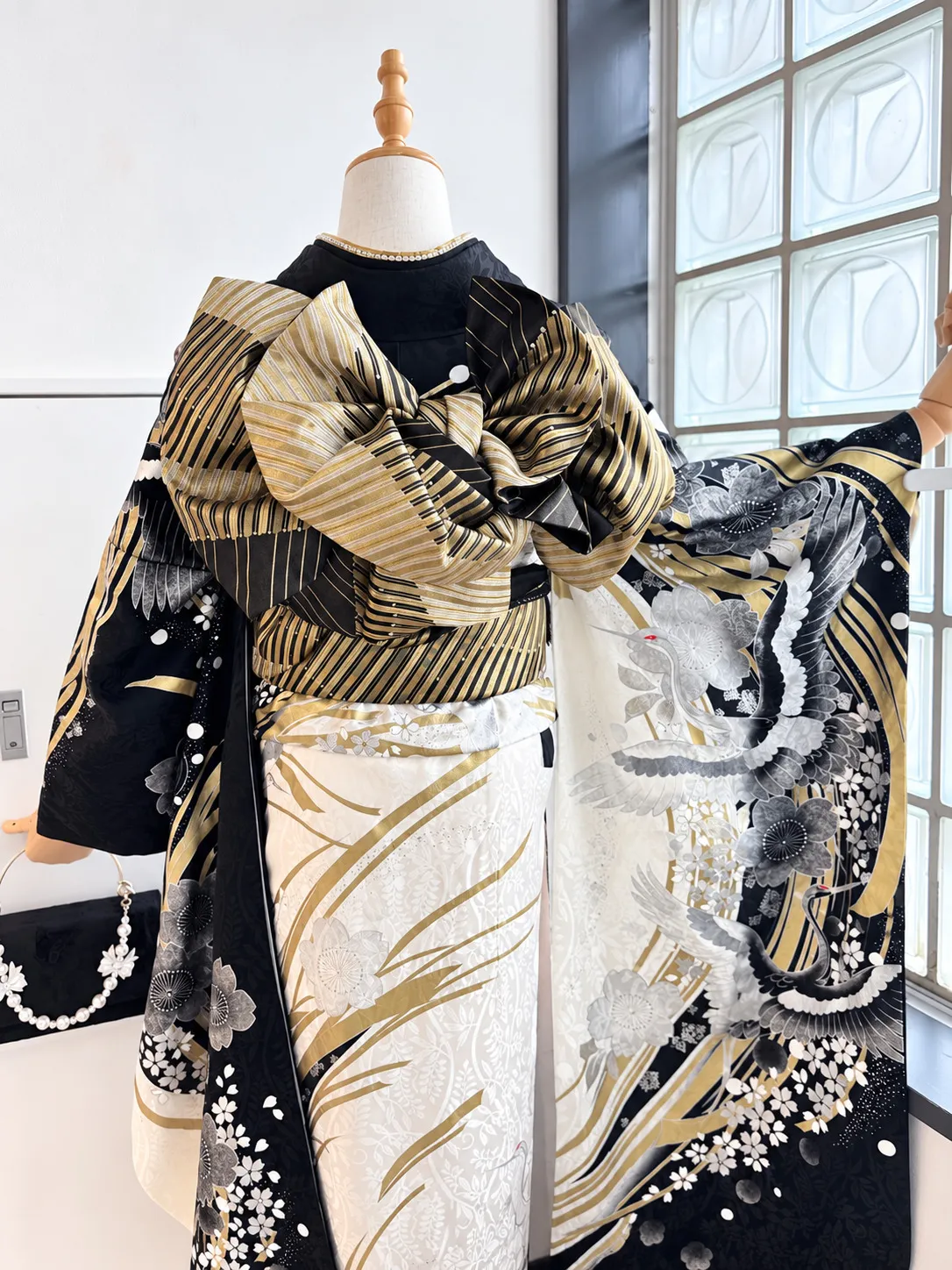 Full back view of the Furisode Plan A — Gold kimono styling