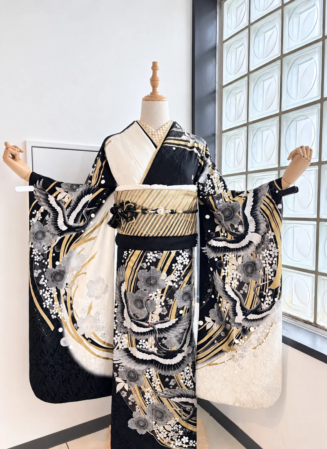 Full front view of the Furisode Plan A — Gold kimono styling